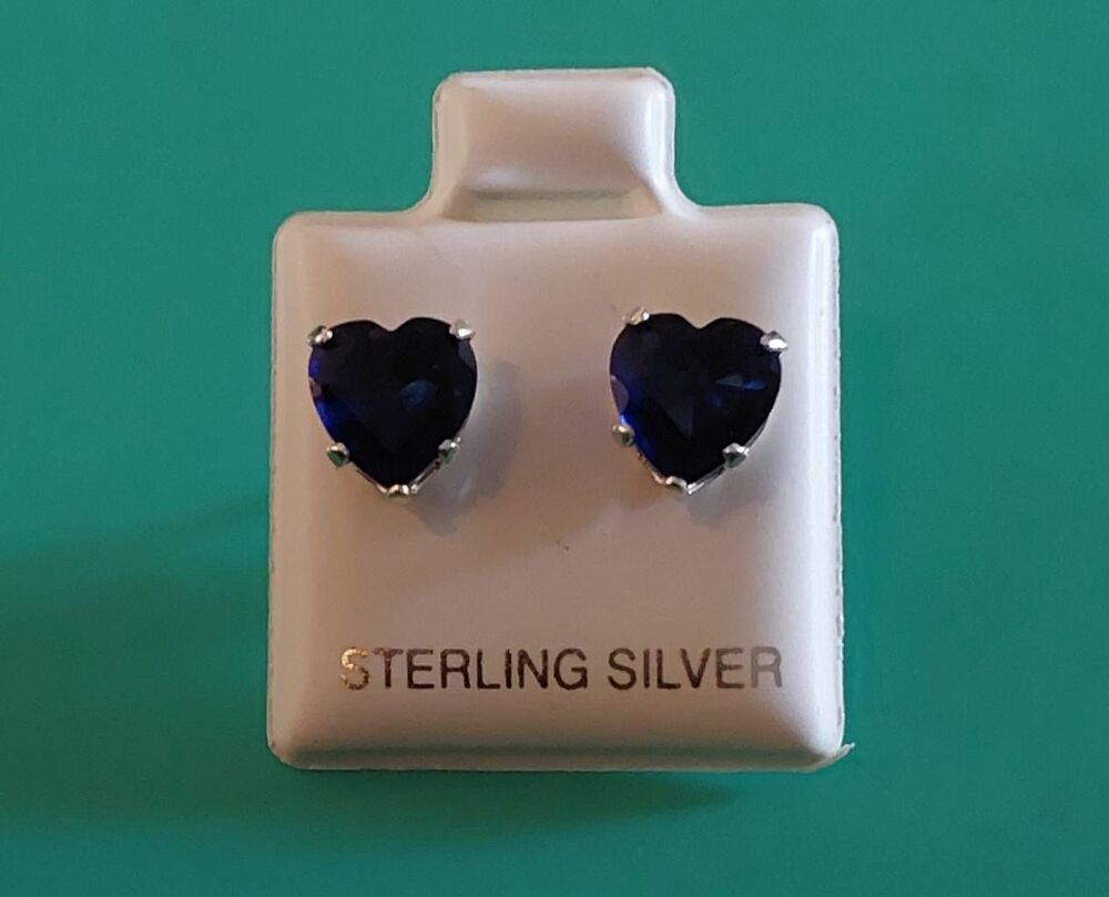 2 Ct. Heart Cut Blue Sapphire Gemstone Stud Earrings~.925 Sterling Silver